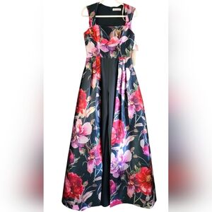 New Kay Unger Floral Walk Thru Formal Jumpsuit Full A-line Skirt w Pockets Small